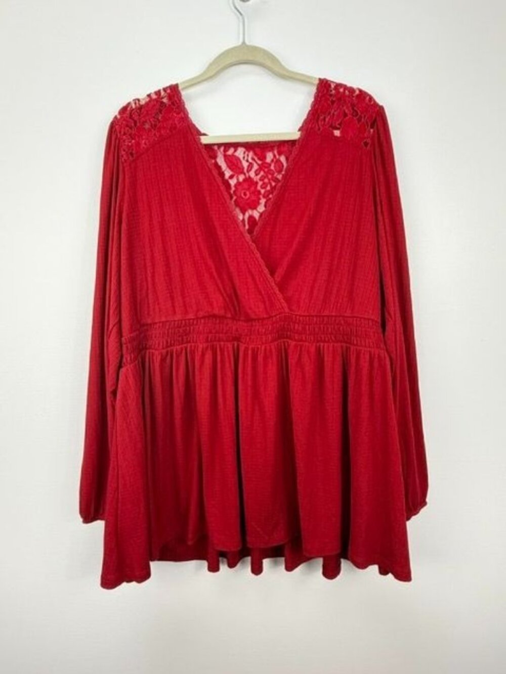 Torrid Red Texture Jersey V-Neck Lace Yoke Surplice Long Sleeve Babydoll Size 3X